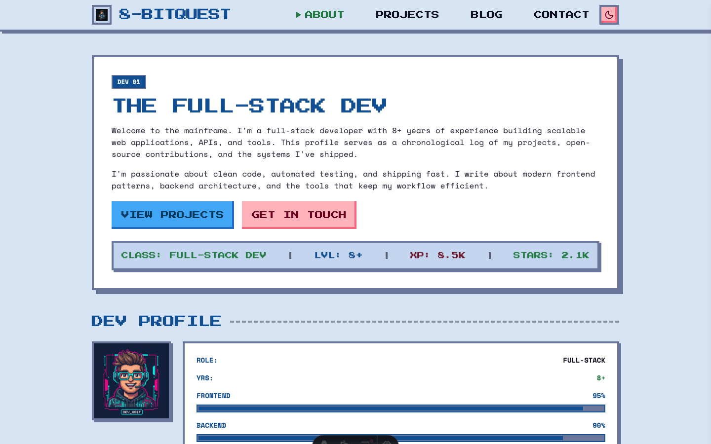 8-Bit Quest website template — page 3
