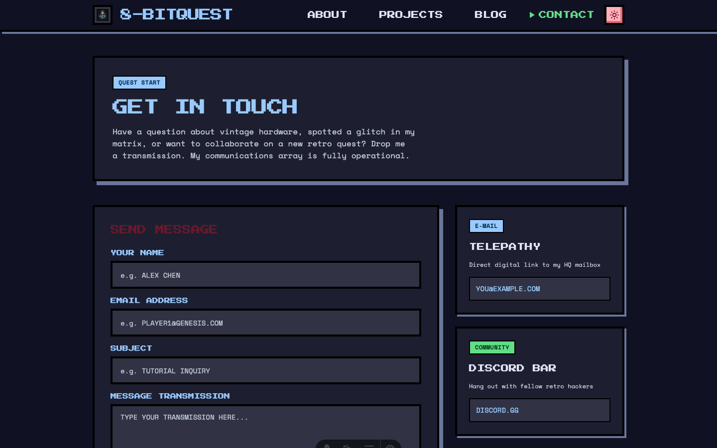 8-Bit Quest website template — page 6