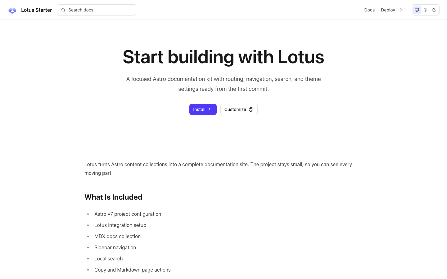 Lotus Docs website template preview