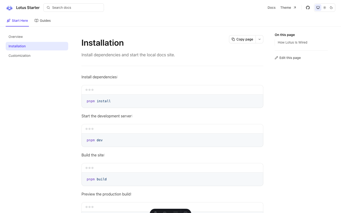 Lotus Docs website template — page 3