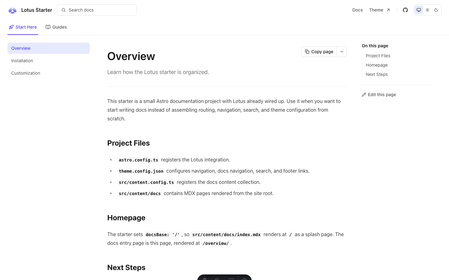 Lotus Docs website template — page 4