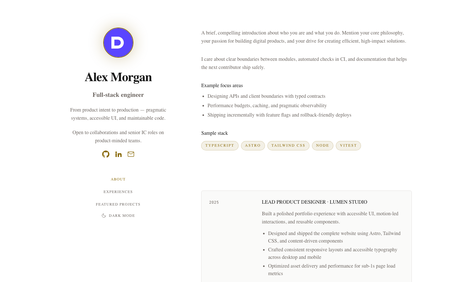 Projects Portfolio website template preview