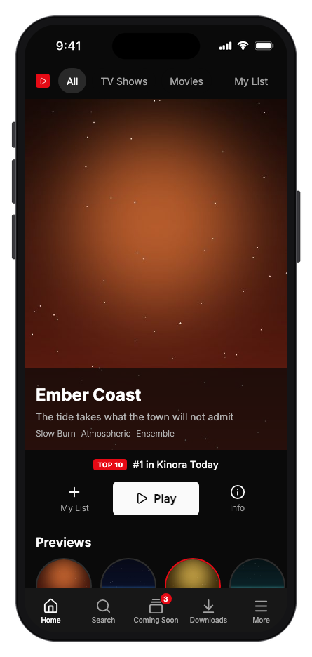 Kinora mobile app template preview