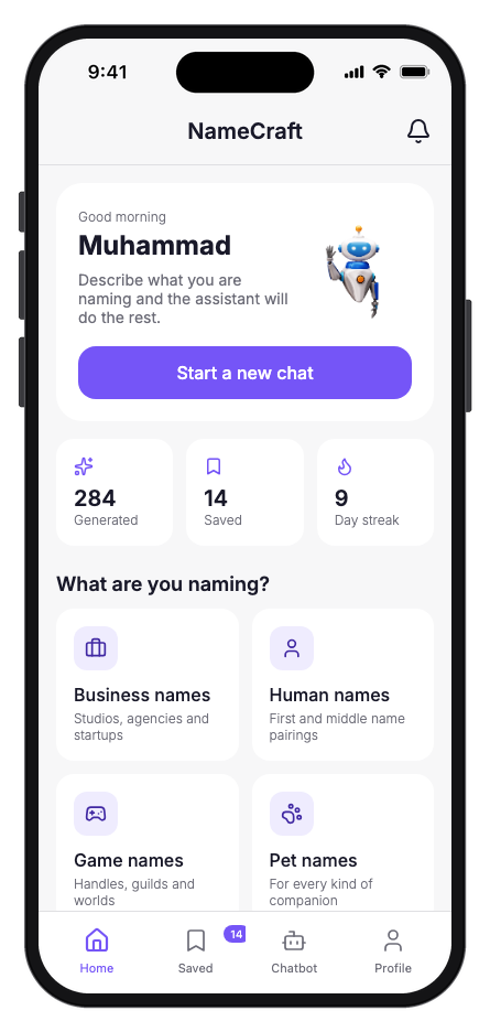 NameCraft mobile app template preview