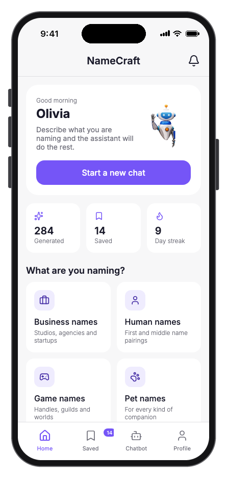 NameCraft mobile app template preview