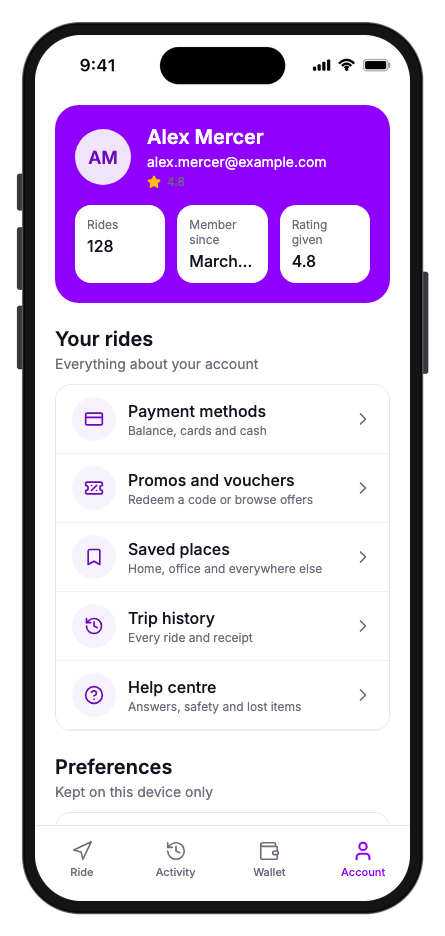 Ryda mobile app template screenshot 2