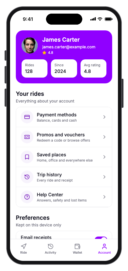 Ryda mobile app template screenshot 2
