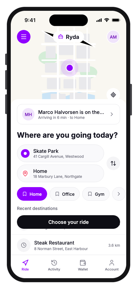 Ryda mobile app template preview