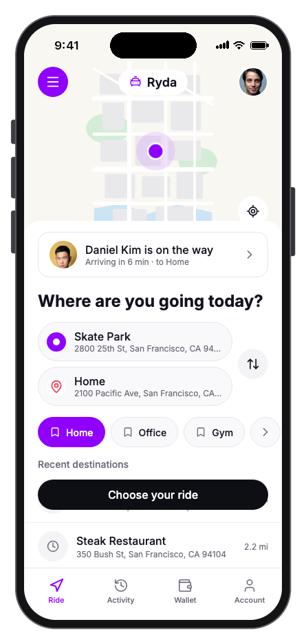 Ryda mobile app template preview