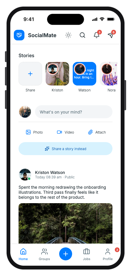 SocialMate mobile app template preview
