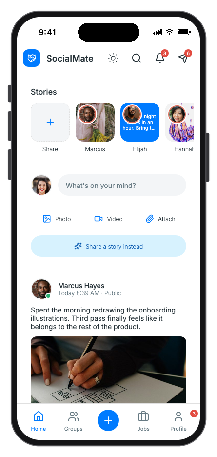 SocialMate mobile app template preview