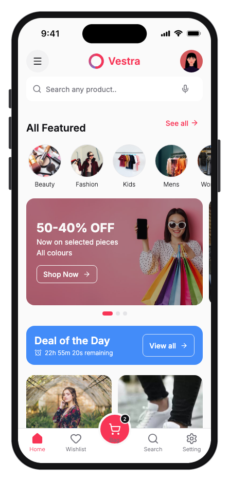 Vestra mobile app template preview