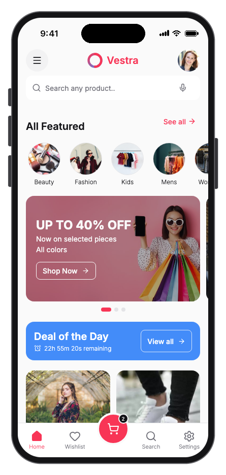 Vestra mobile app template preview