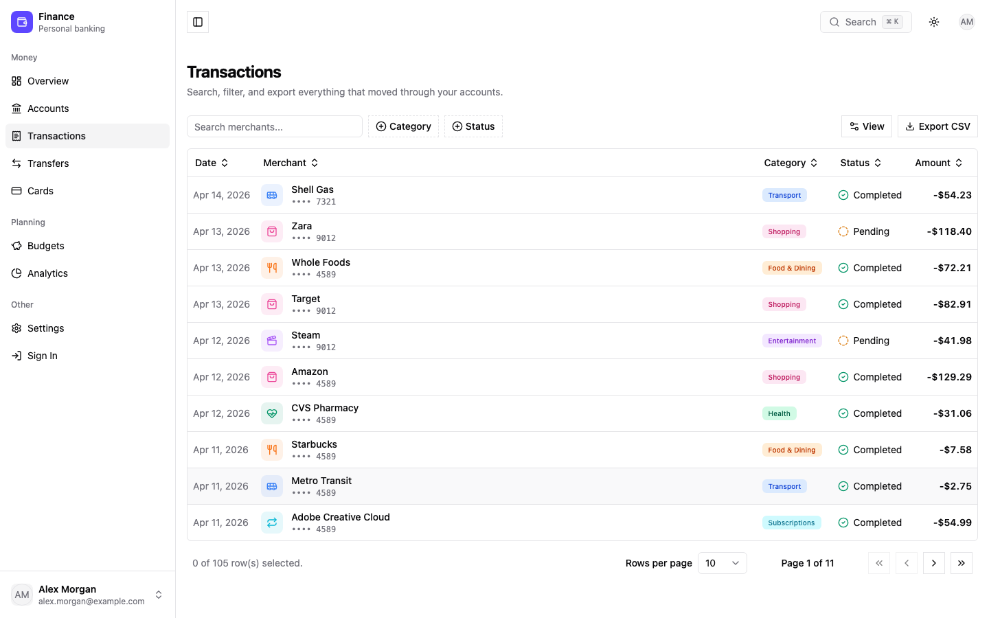 Finance web app template — screen 3