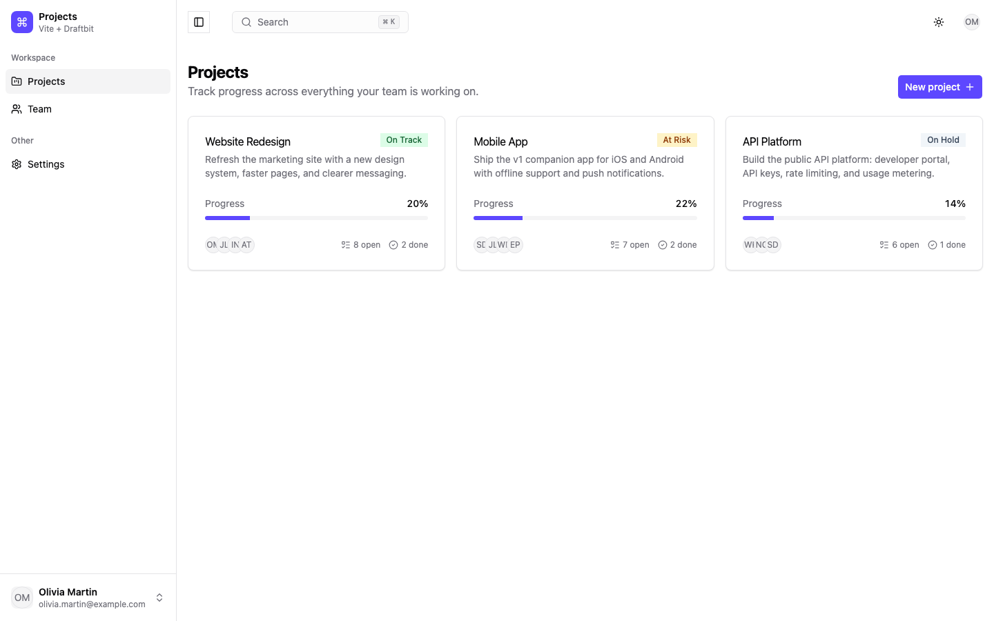 Projects web app template preview