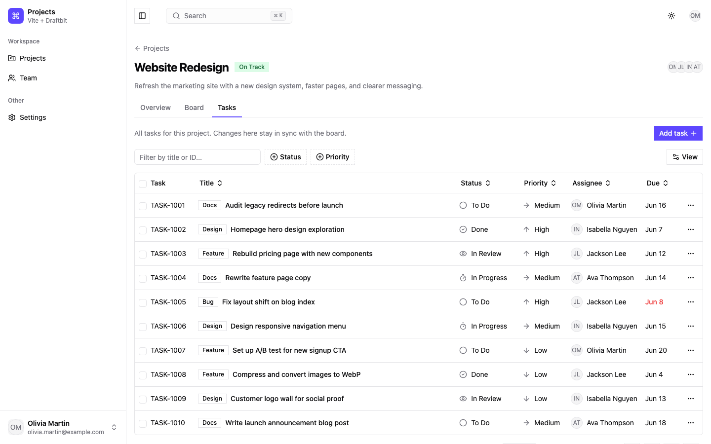 Projects web app template — screen 3