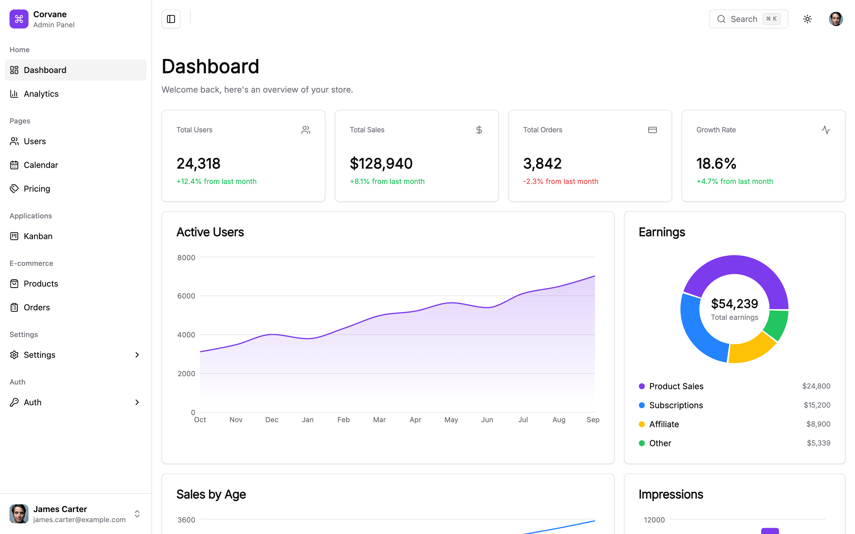 Corvane Admin Panel web app template preview