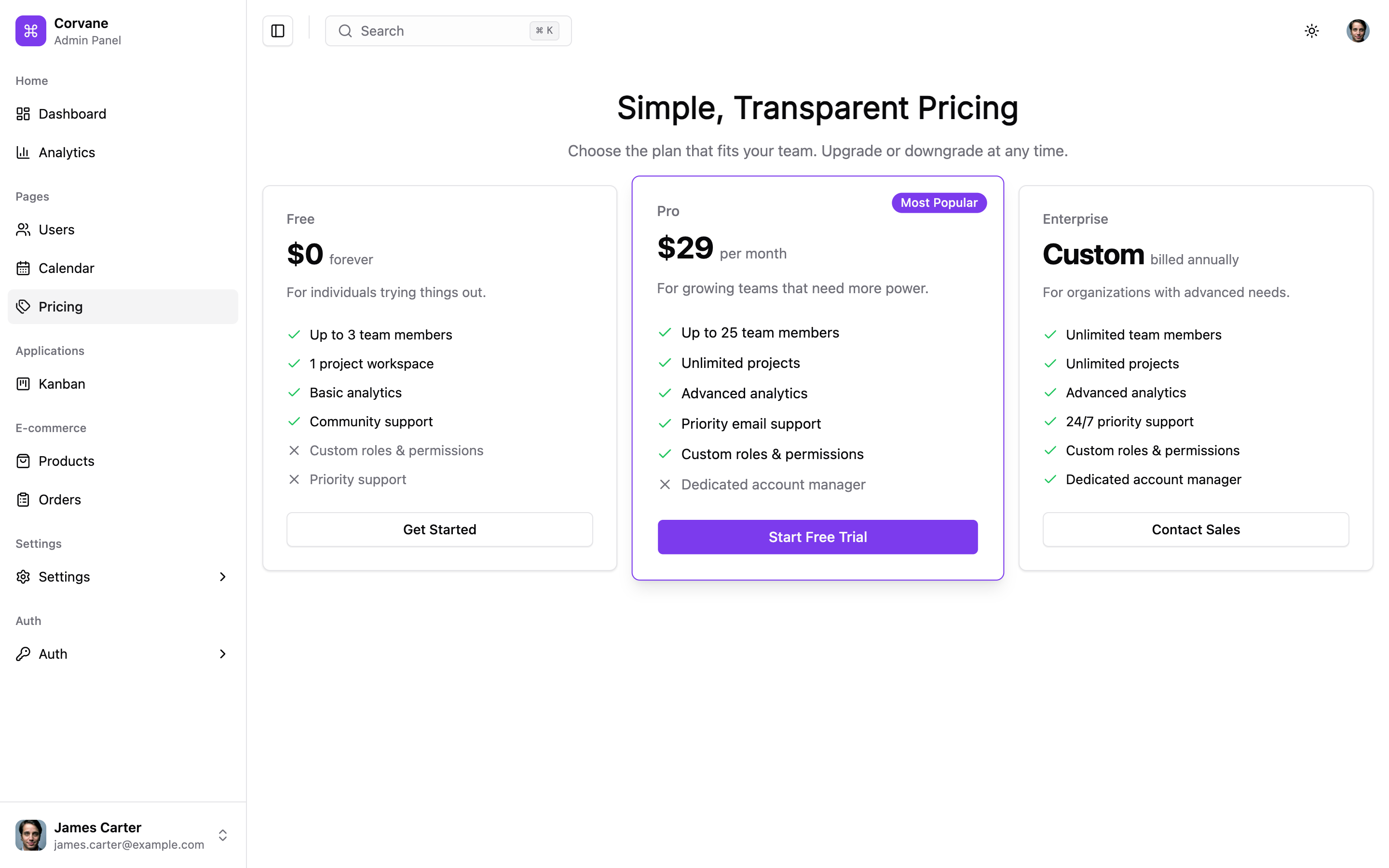 Corvane Admin Panel web app template preview 2
