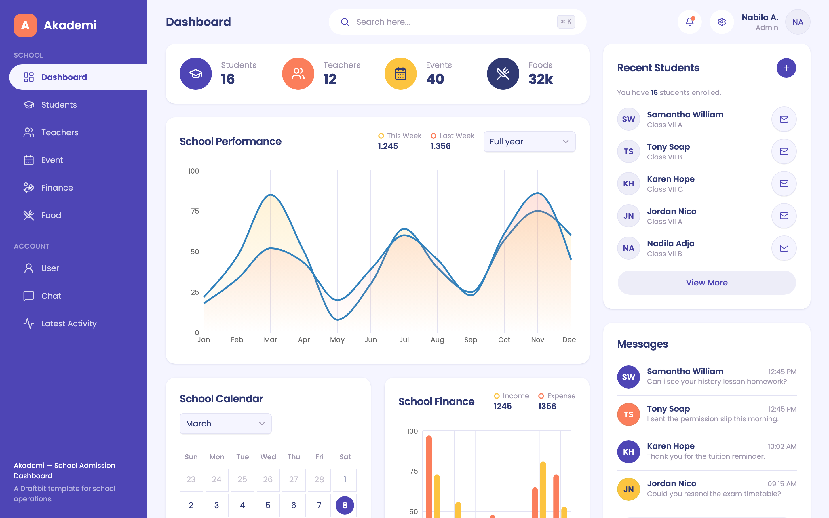 Akademi — School Admission Dashboard web app template preview