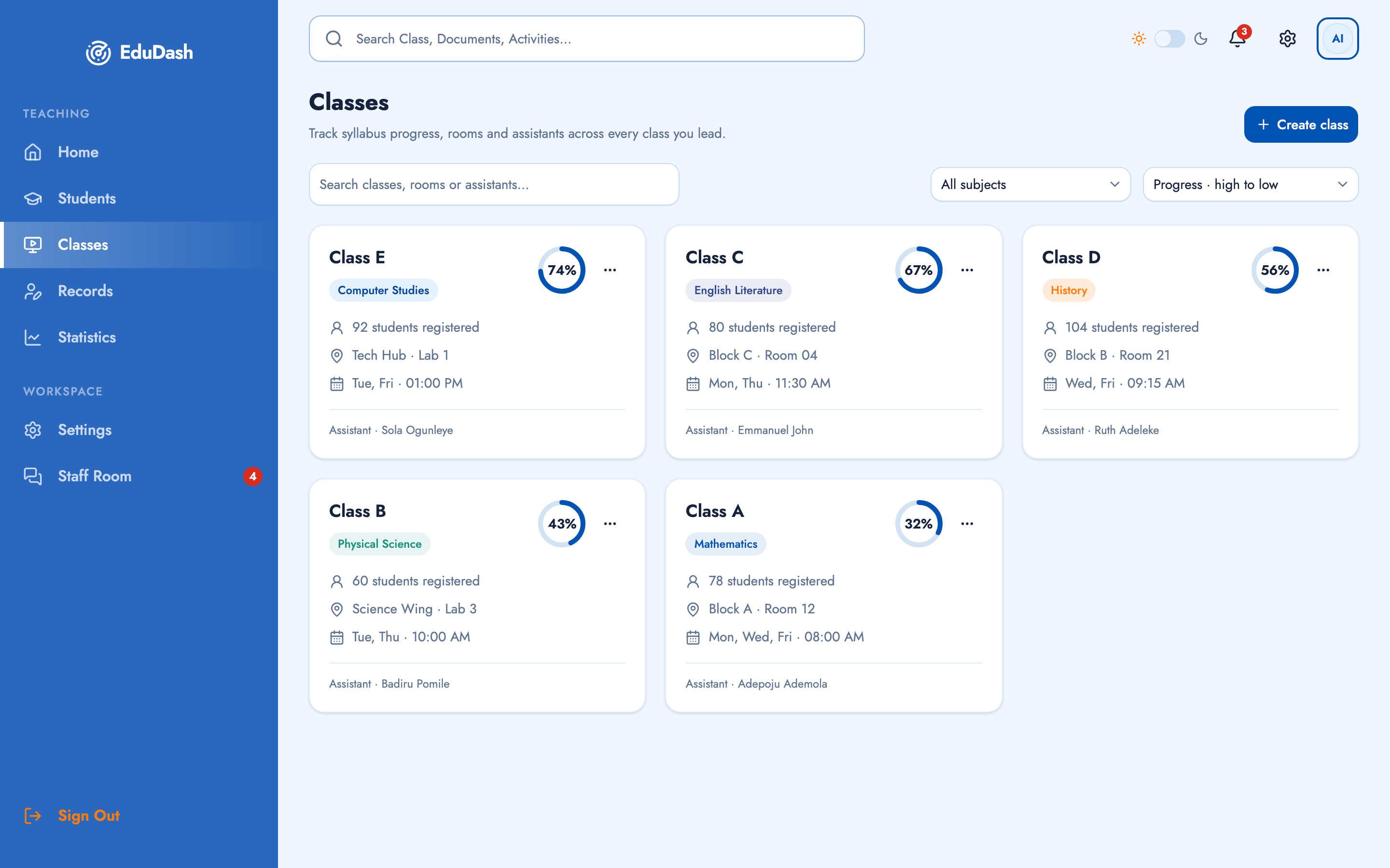 EduDash — Teacher Dashboard web app template preview 2