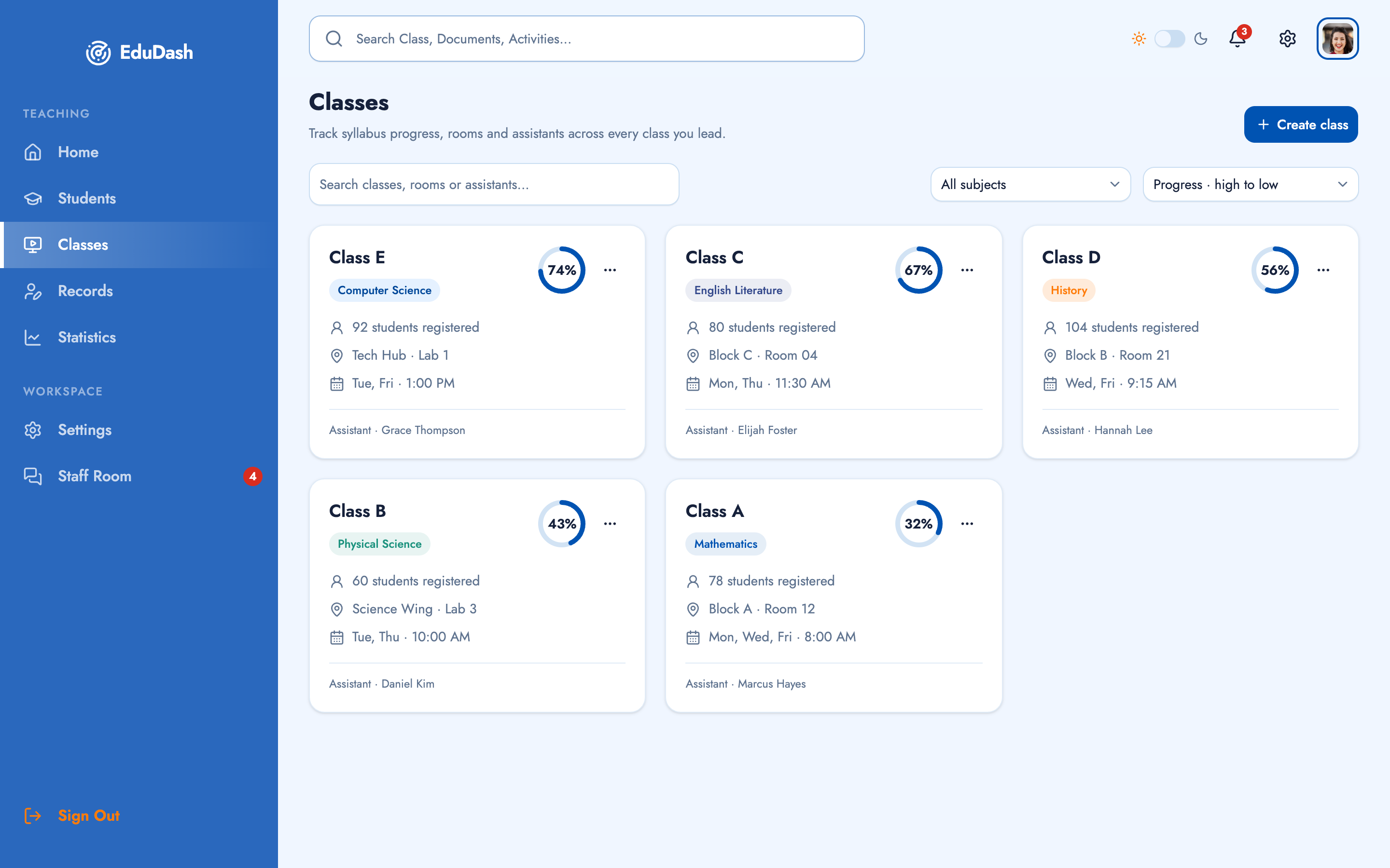 EduDash — Teacher Dashboard web app template preview 2