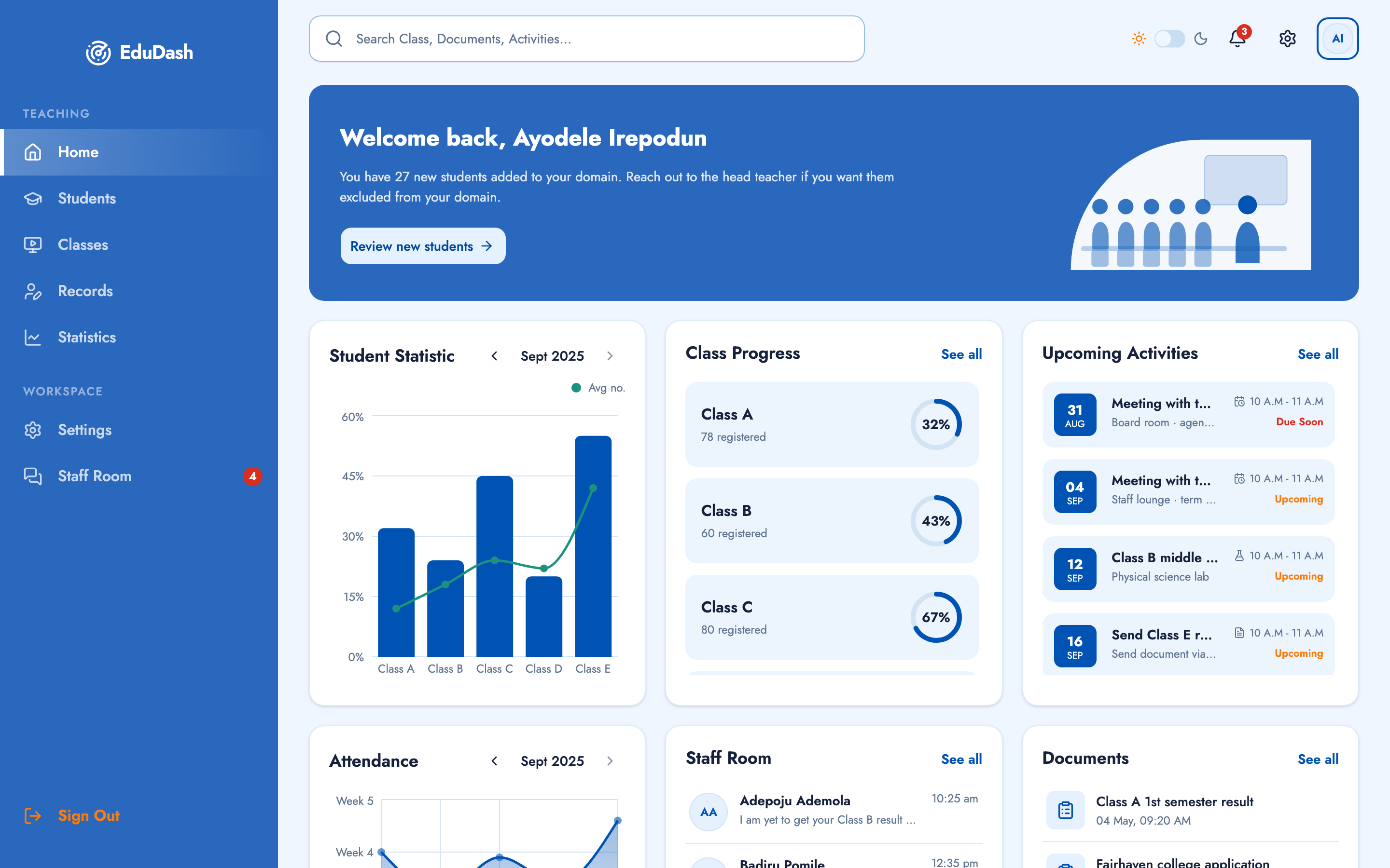 EduDash — Teacher Dashboard web app template preview