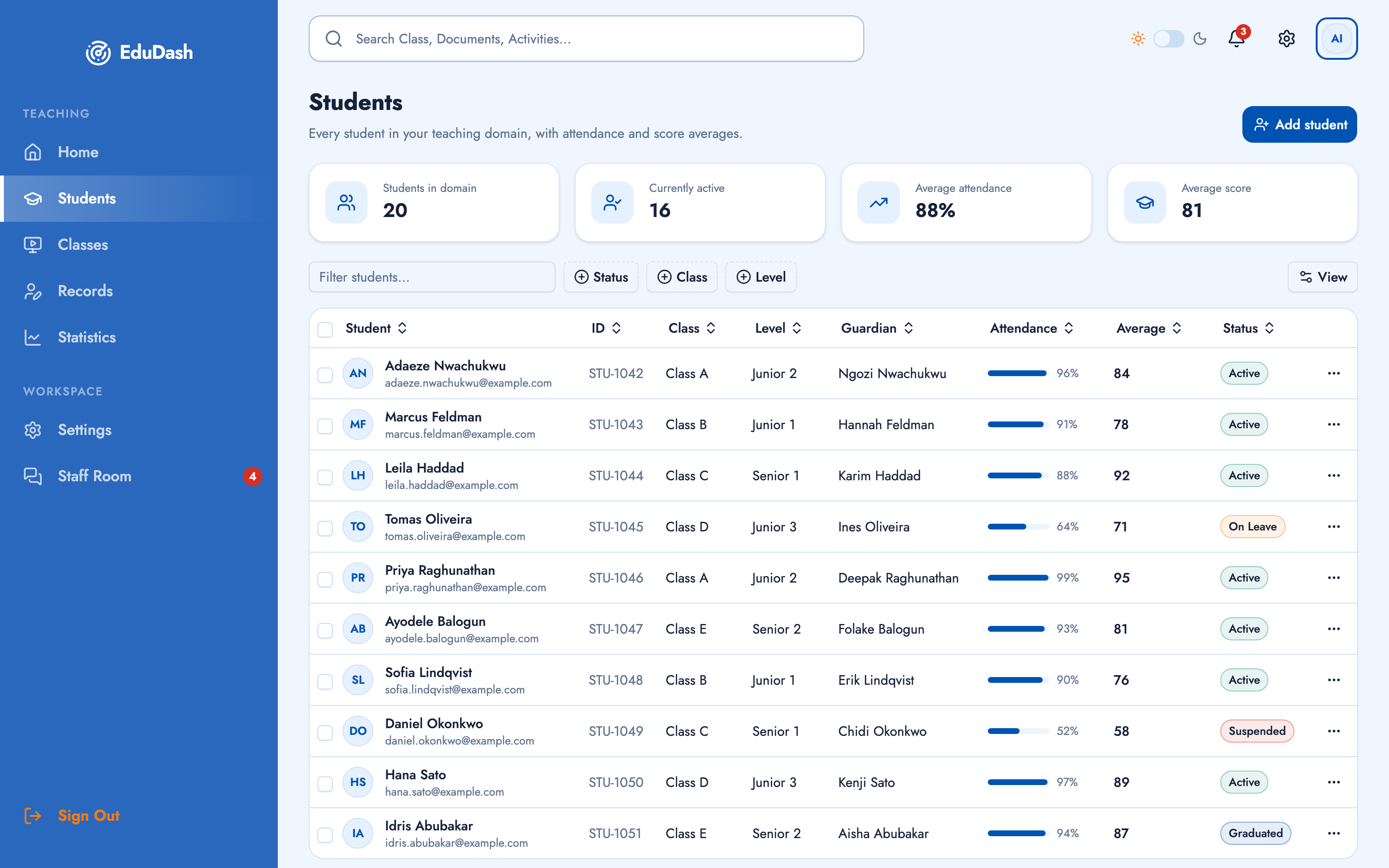 EduDash — Teacher Dashboard web app template preview 3