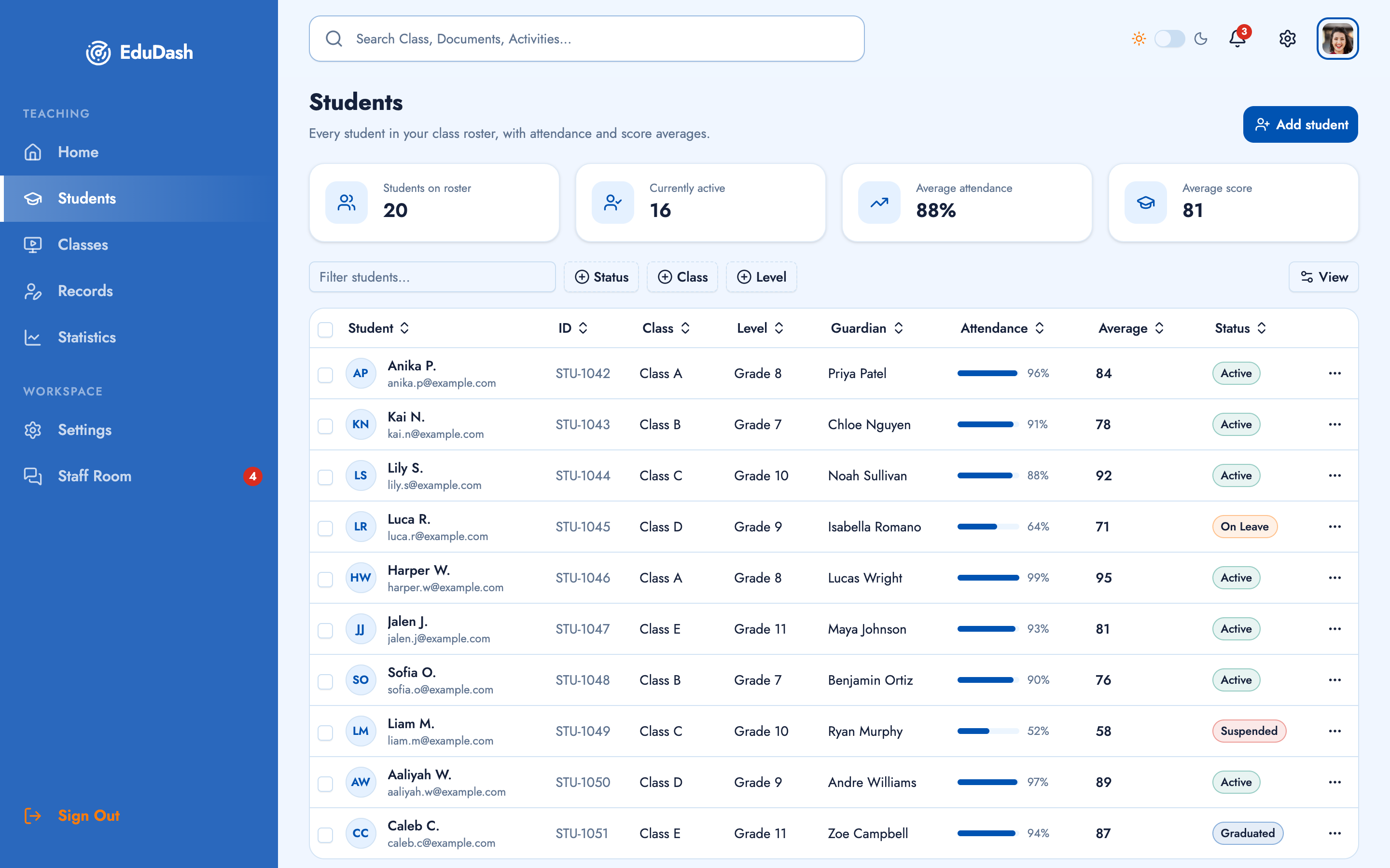 EduDash — Teacher Dashboard web app template preview 3