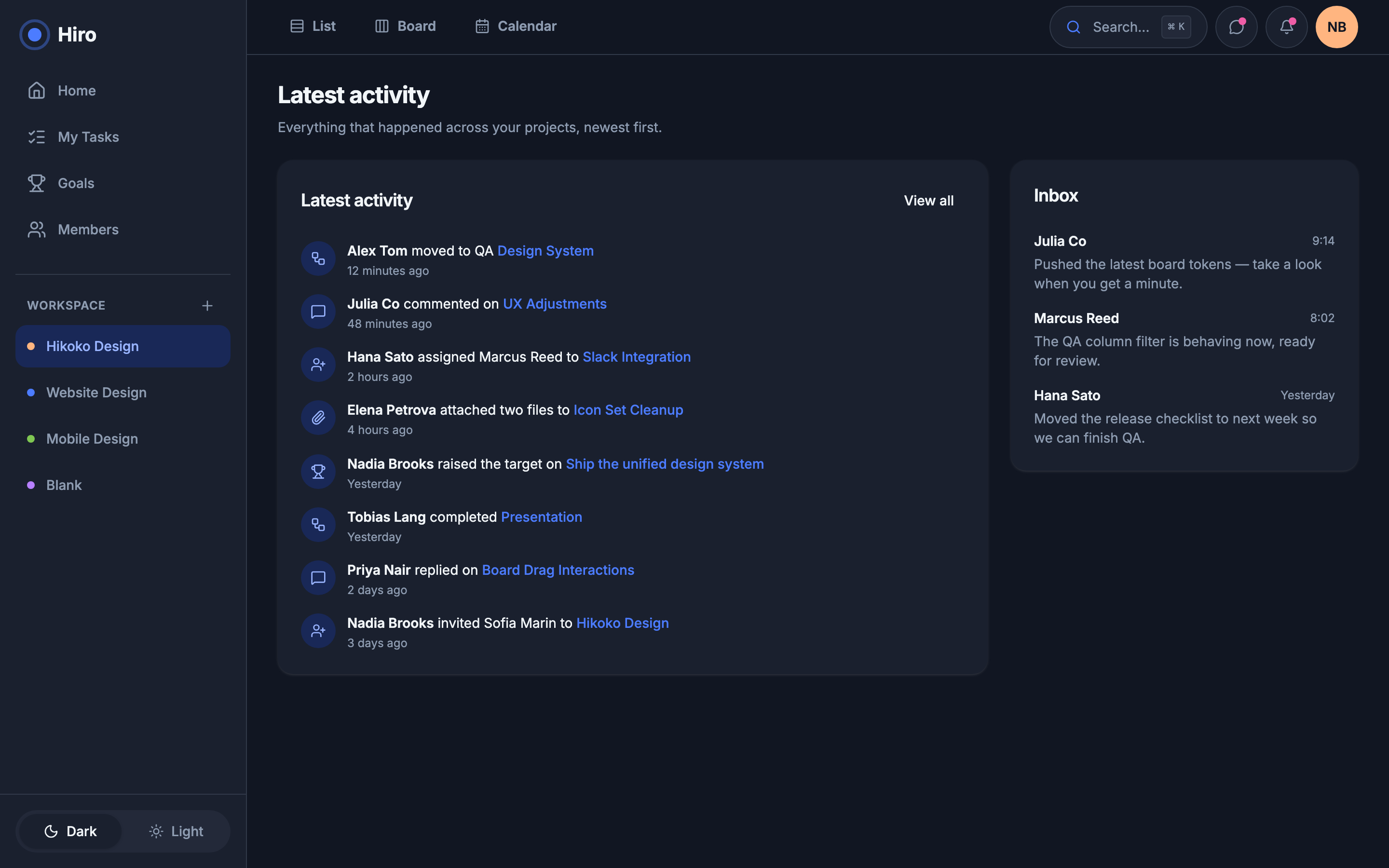 Hiro — Team Project Workspace web app template preview 4