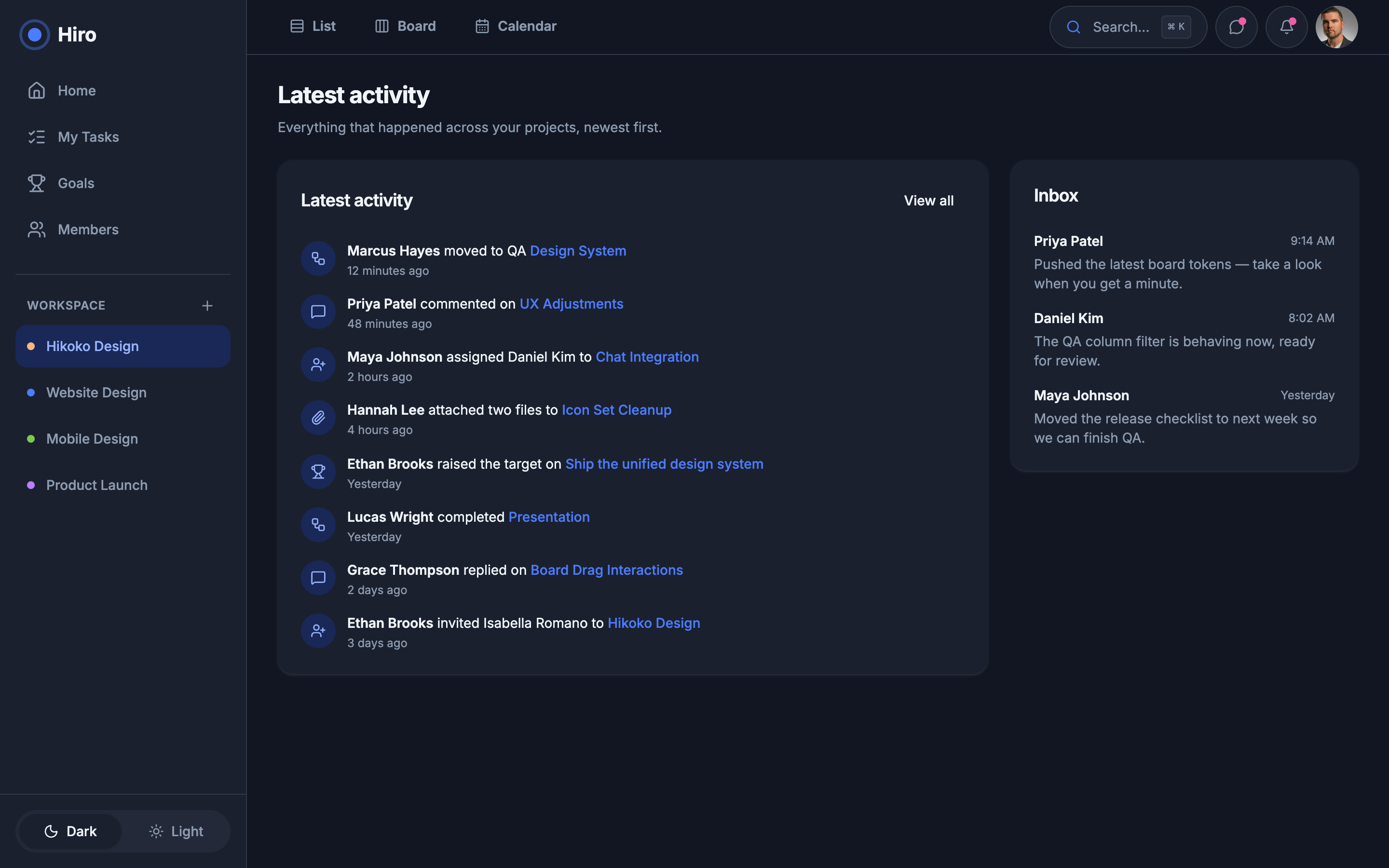 Hiro — Team Project Workspace web app template preview 4
