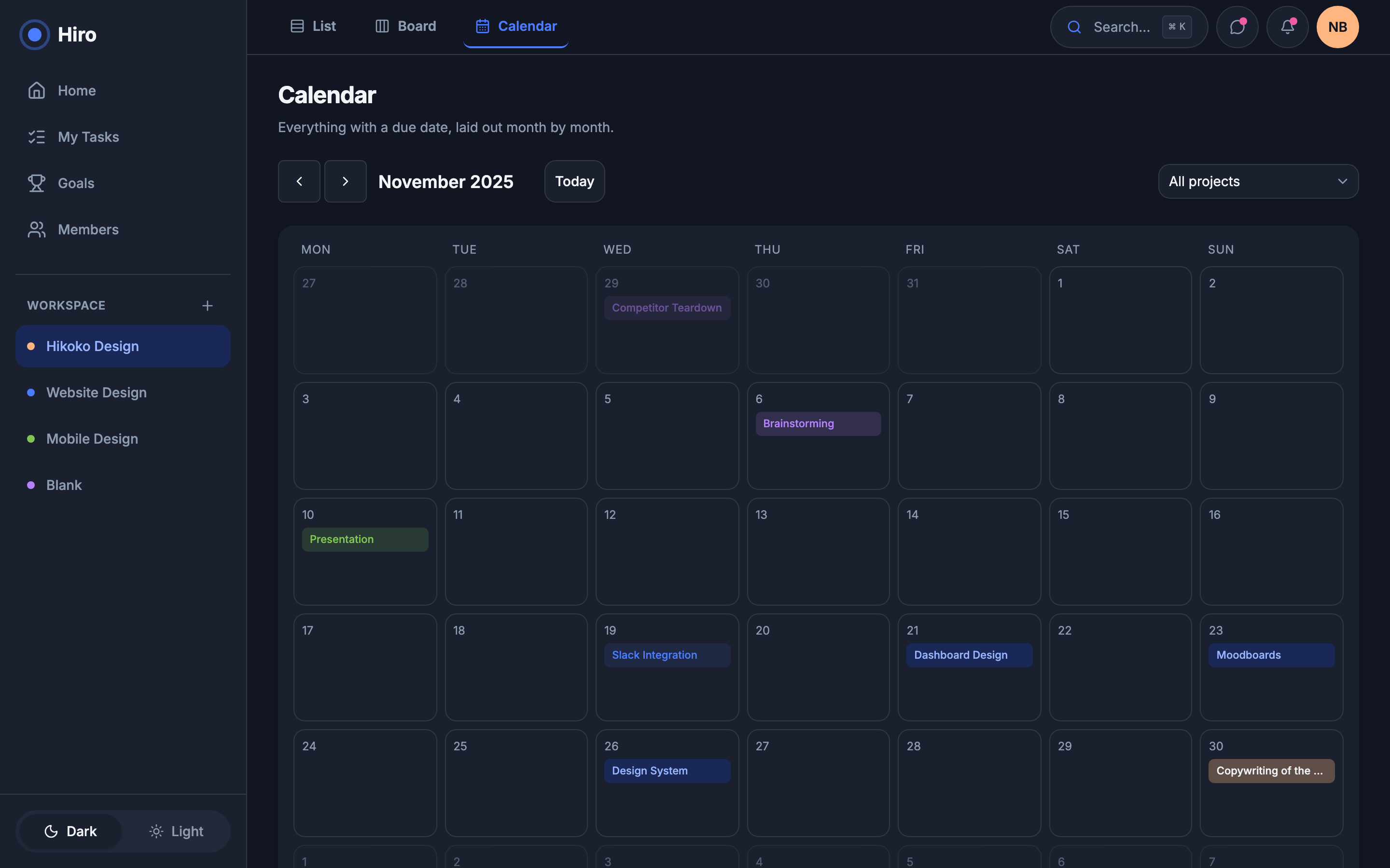 Hiro — Team Project Workspace web app template preview 5