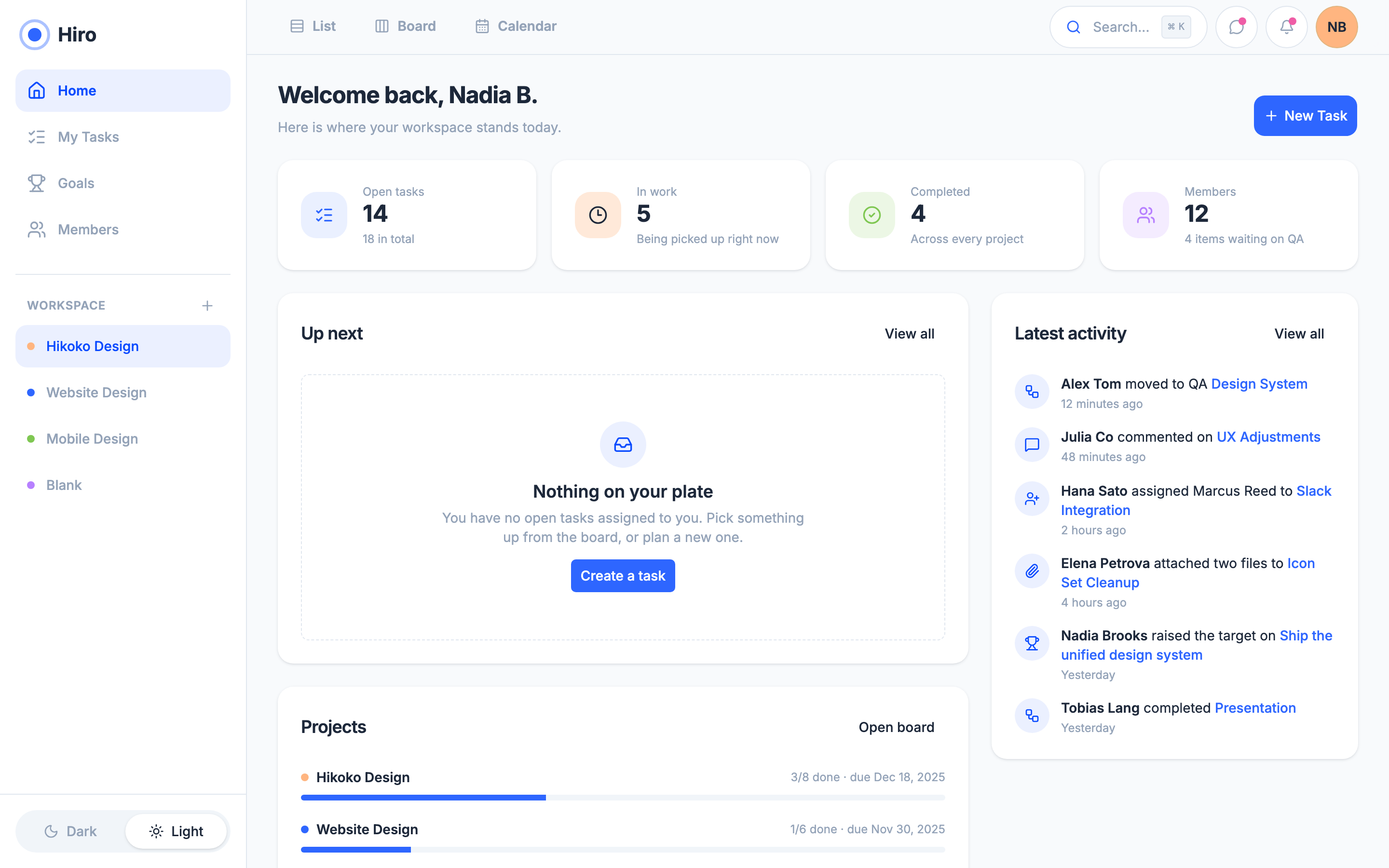 Hiro — Team Project Workspace web app template preview