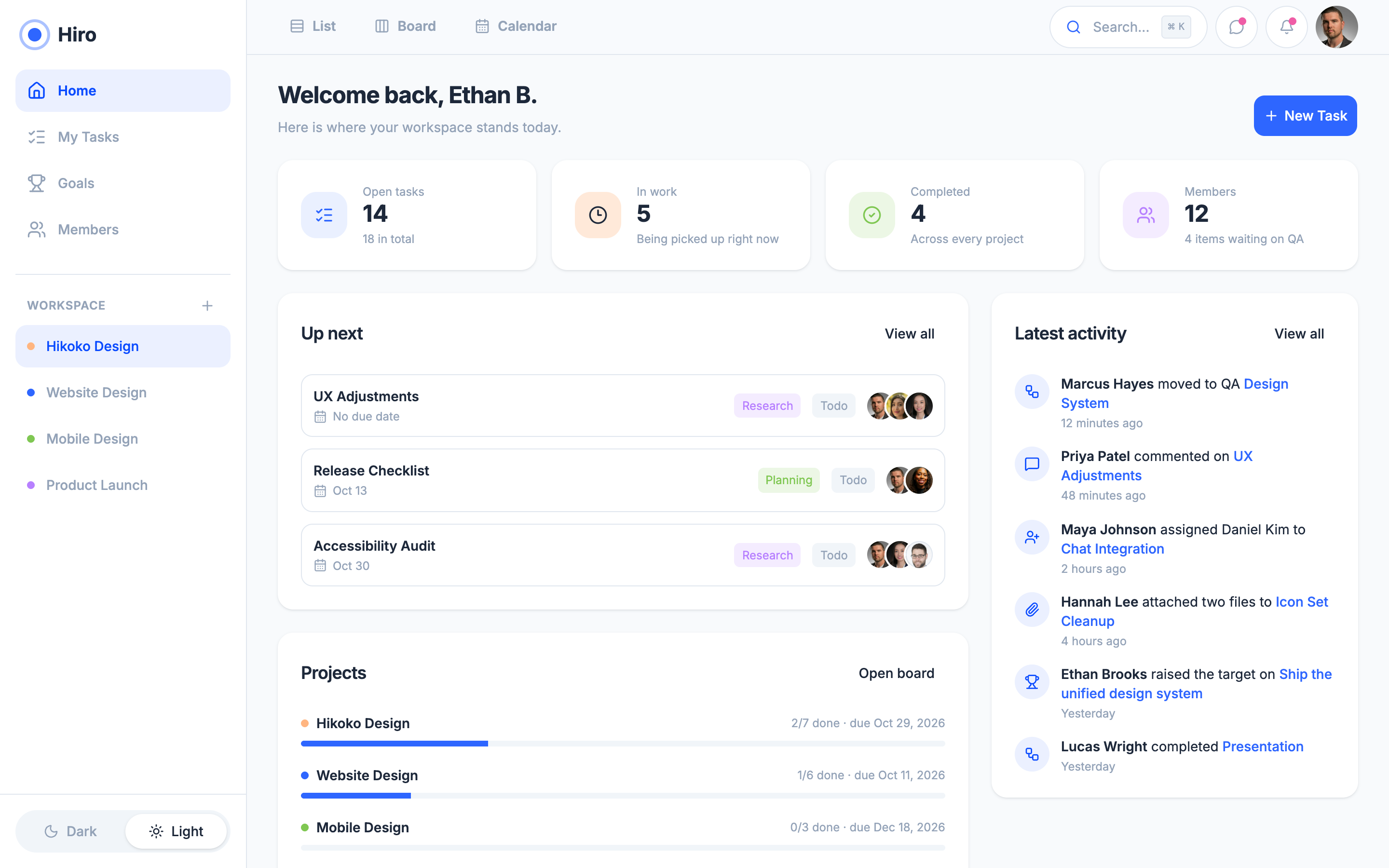 Hiro — Team Project Workspace web app template preview