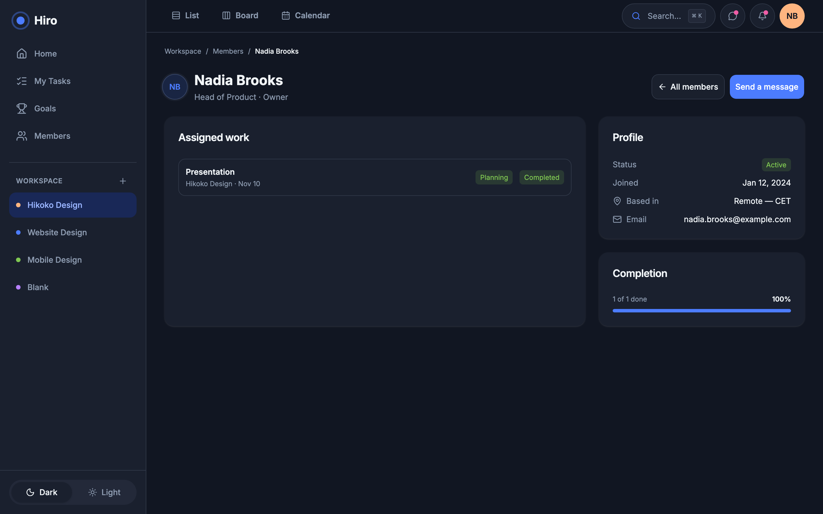 Hiro — Team Project Workspace web app template preview 7