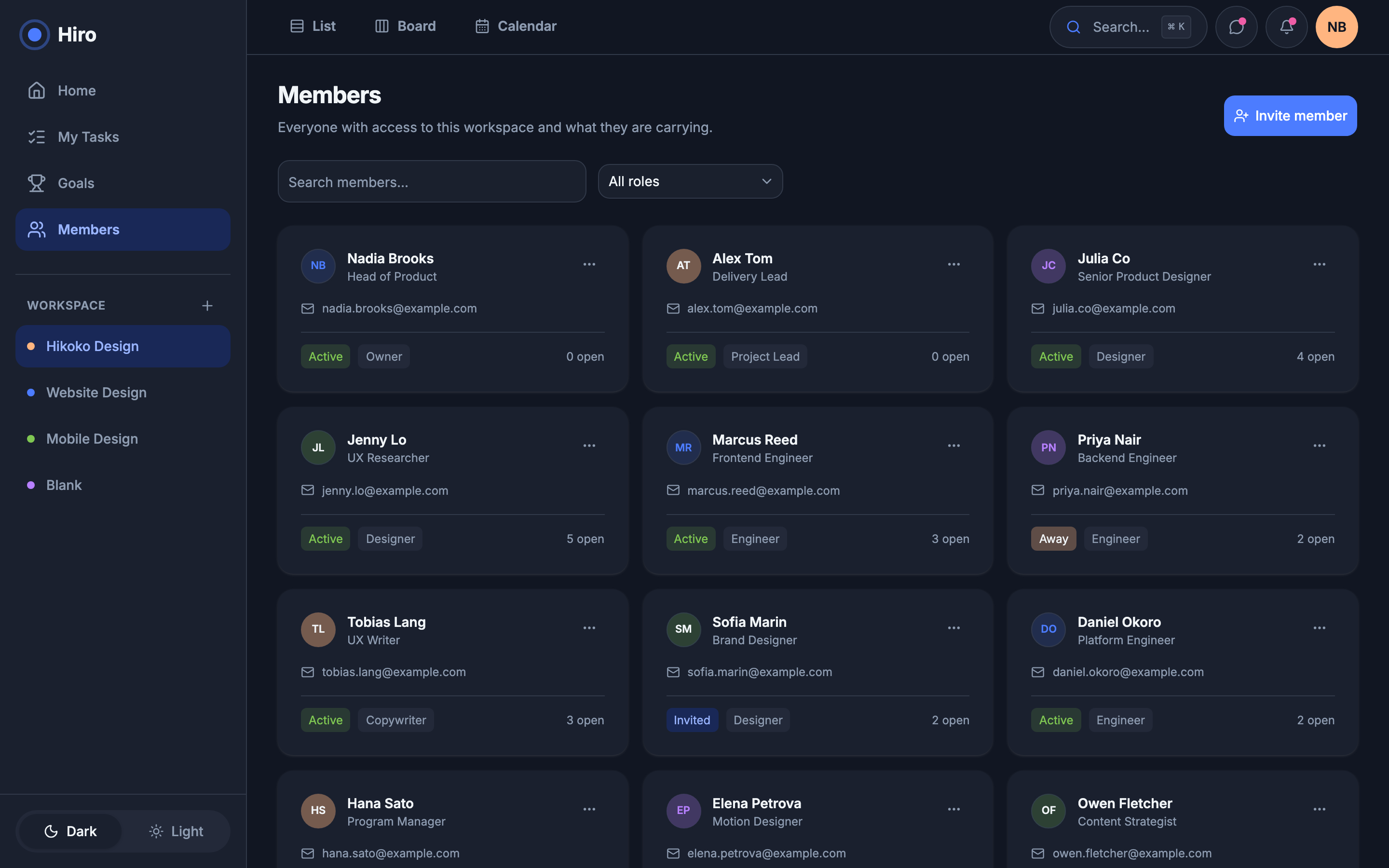 Hiro — Team Project Workspace web app template preview 8
