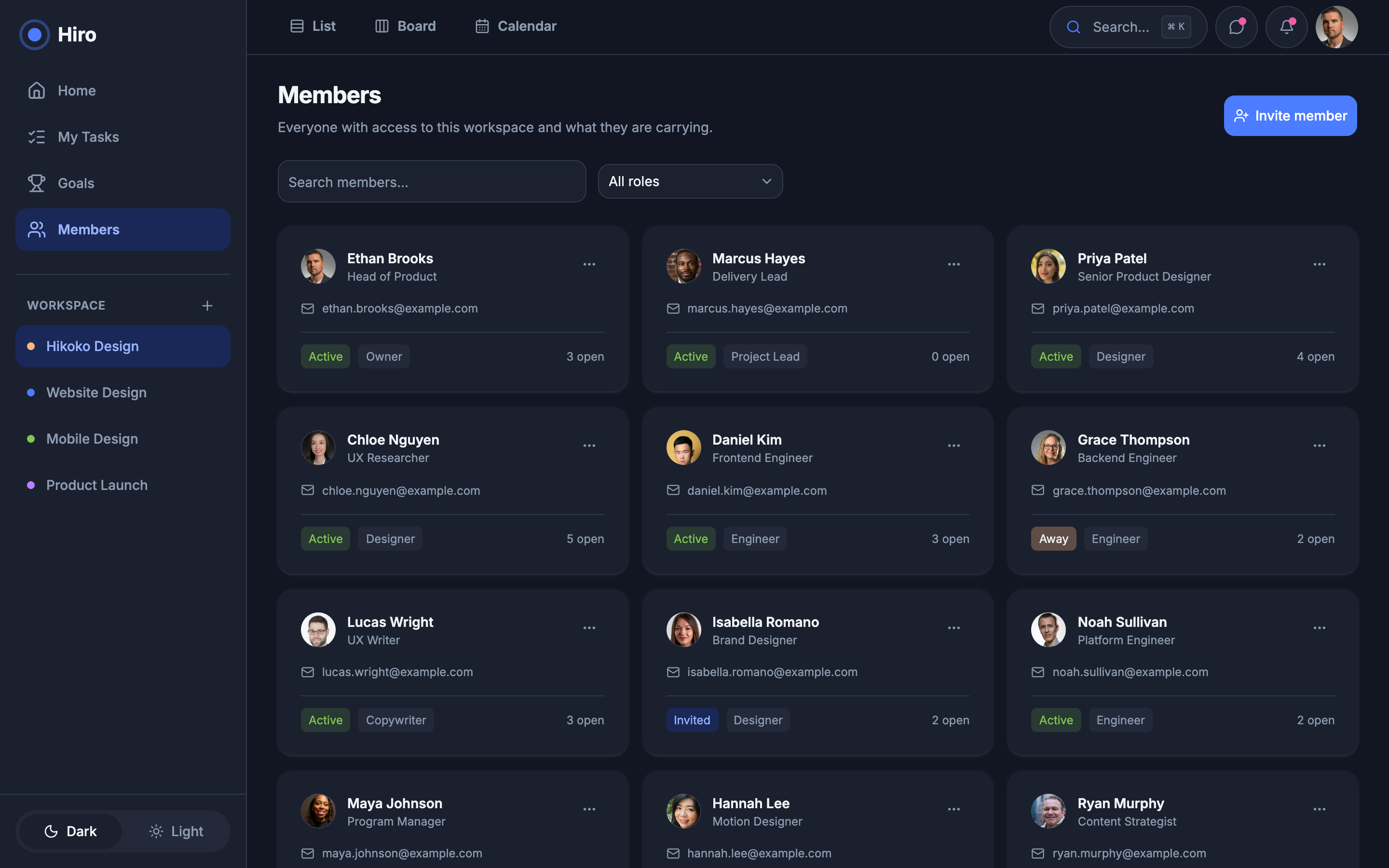 Hiro — Team Project Workspace web app template preview 8