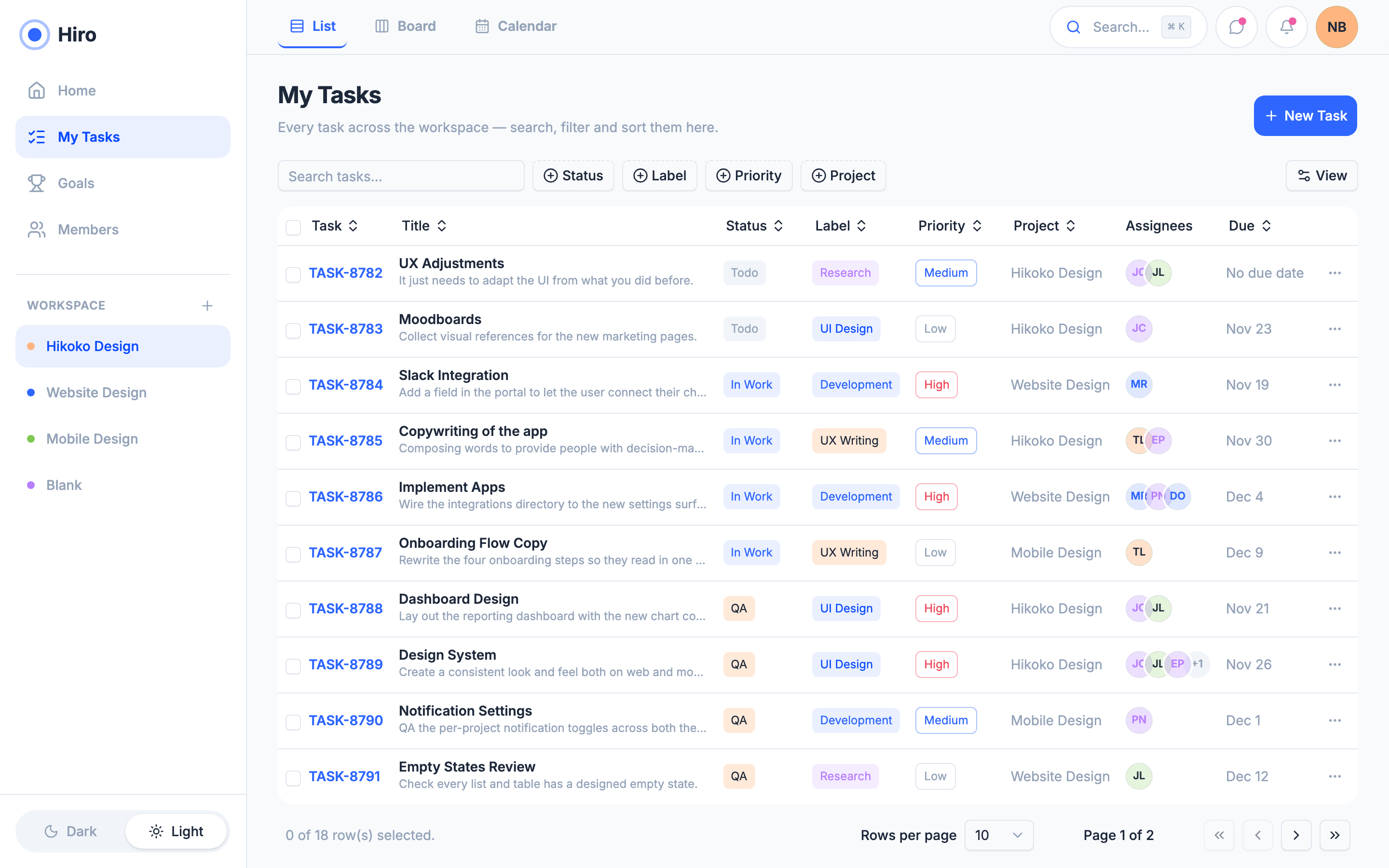 Hiro — Team Project Workspace web app template preview 3