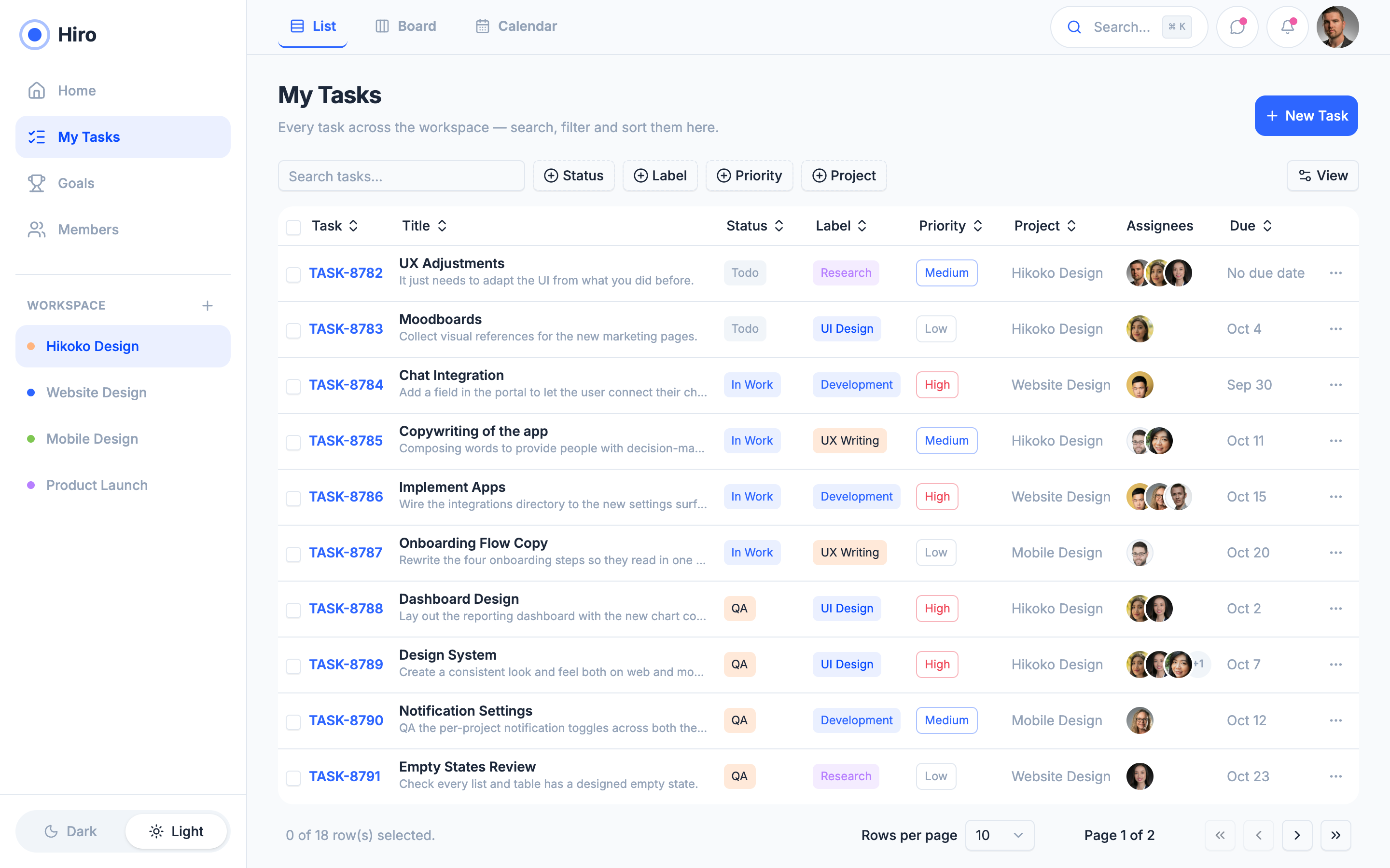 Hiro — Team Project Workspace web app template preview 3