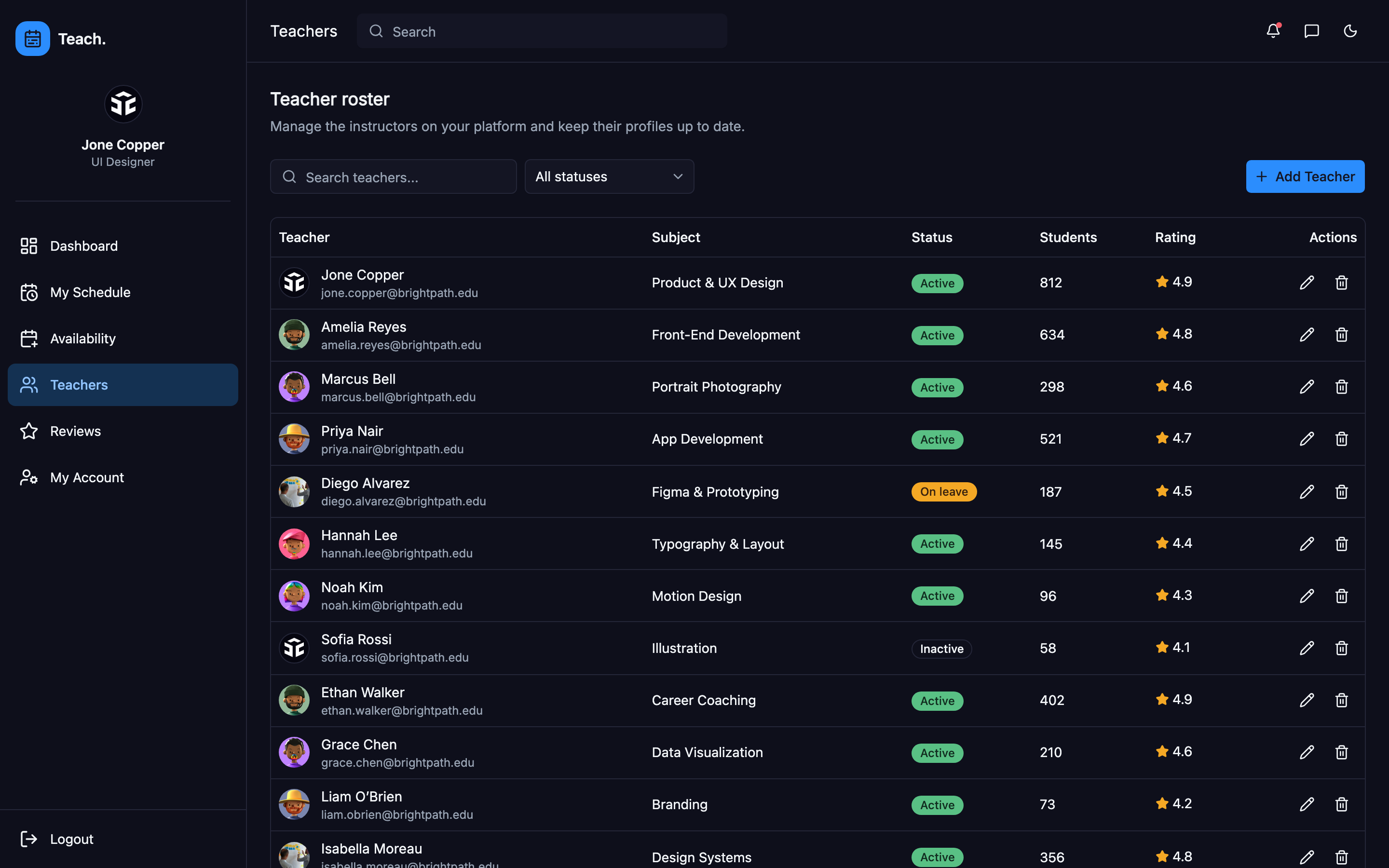 Teach. Instructor Availability web app template preview 6